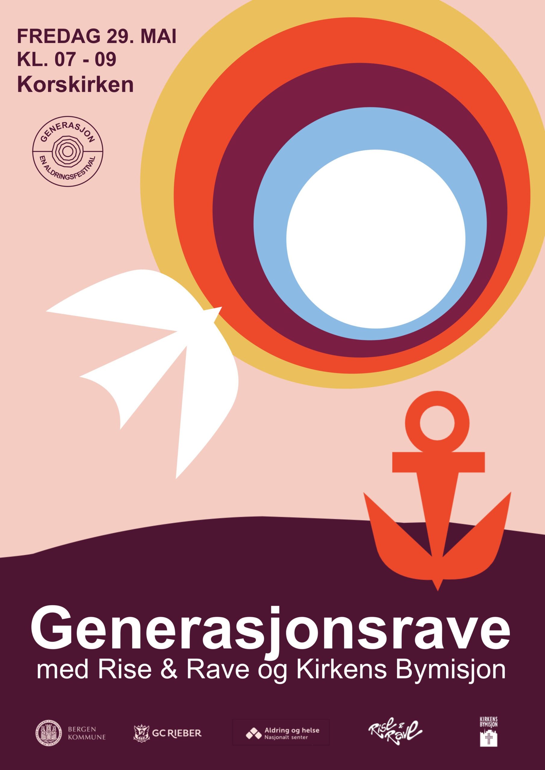 Poster of Rise and Rave event on the 29.th of Mai, in Korskirken Bergen.